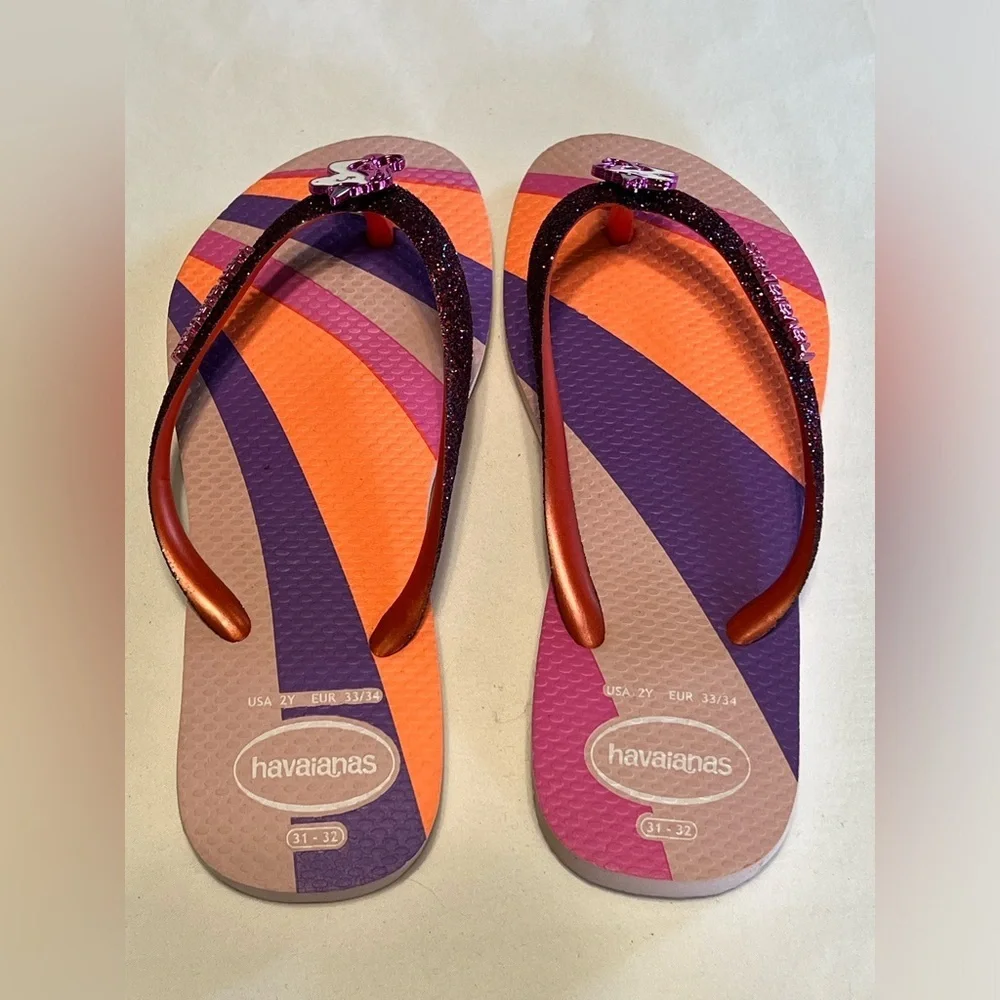 Havaianas flip flops slides sandals Girls 2 pink purple glitter rainbow unicorn - Picture 6 of 10